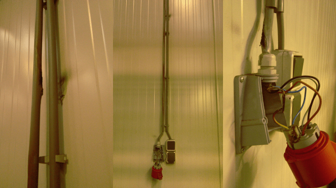 De kabel is op meerdere plaatsen doorgeslagen en de groengele ader is verbrand